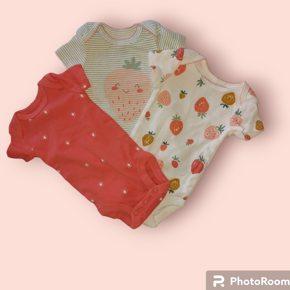 Lot of 3 Newborn Girls Strawberry-themed Bodysuits, EUC